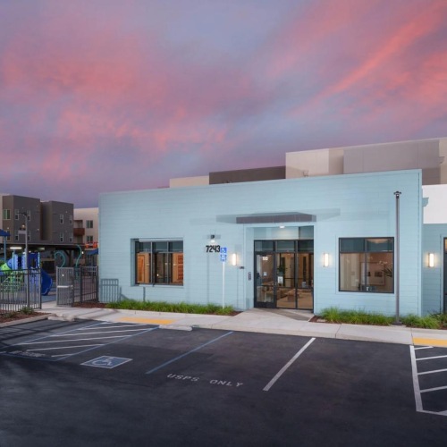 a building with a parking lot